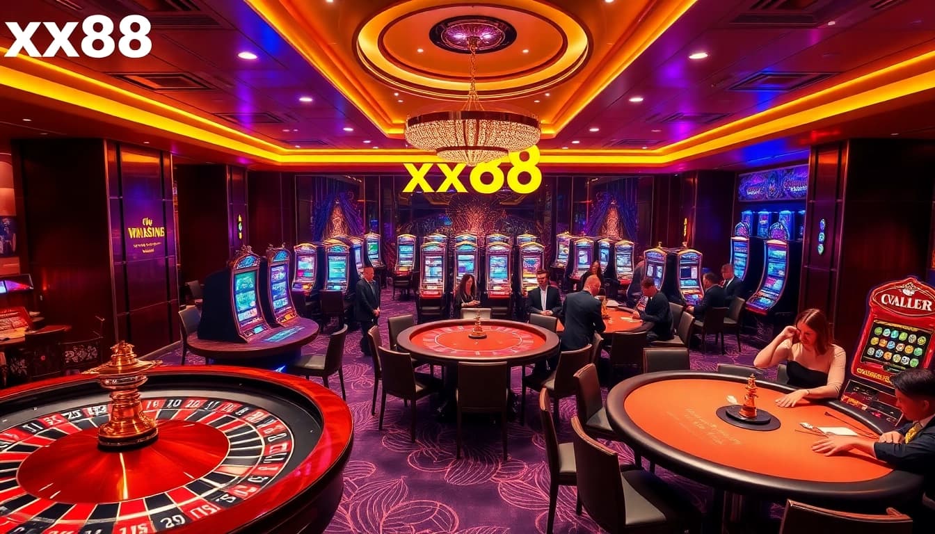 Experience the thrill of xx88 in a luxurious casino with vibrant games, roulette, and poker tables.