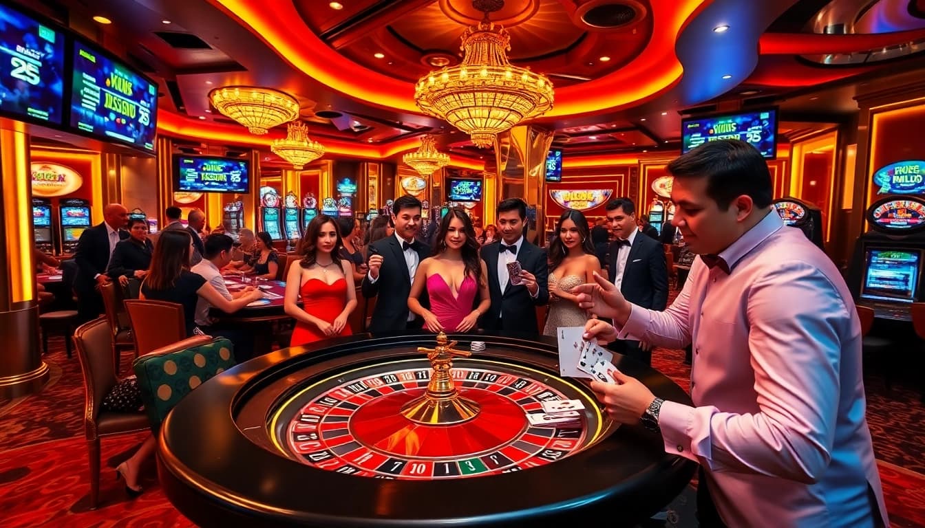 Exciting gameplay and luxury ambiance at B52club casino, featuring poker tables and slot machines.