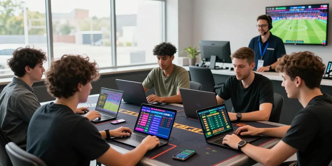 Exciting scene with players engaging on 28bet platform with devices in a lively gaming lounge.