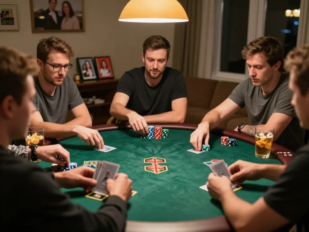 Engaging home poker night showcasing friends playing Texas Hold'em, emphasizing strategic gameplay for lv88seo.