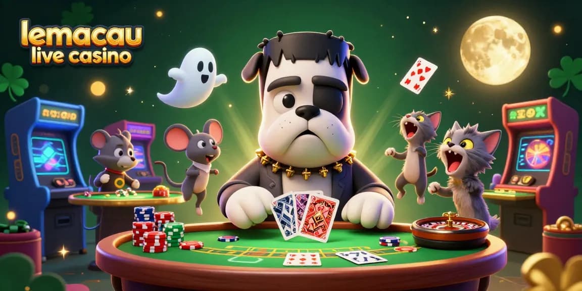 Lemacau live casino offers an exciting scene with cartoon characters dealing cards at a spooky table amidst vibrant casino elements.