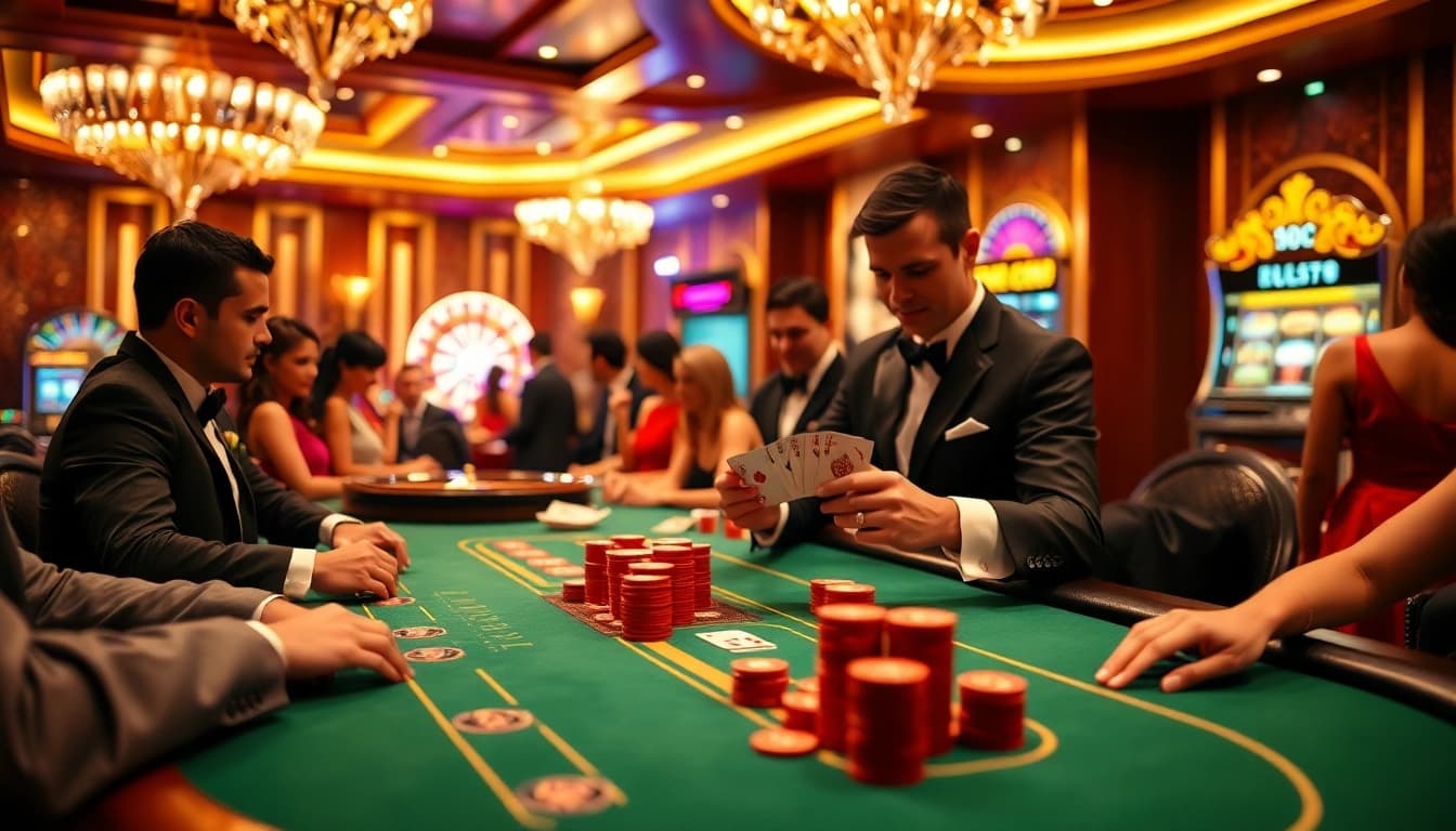 Players engage in high-stakes poker at LC88's luxurious casino table, showcasing excitement and strategy.