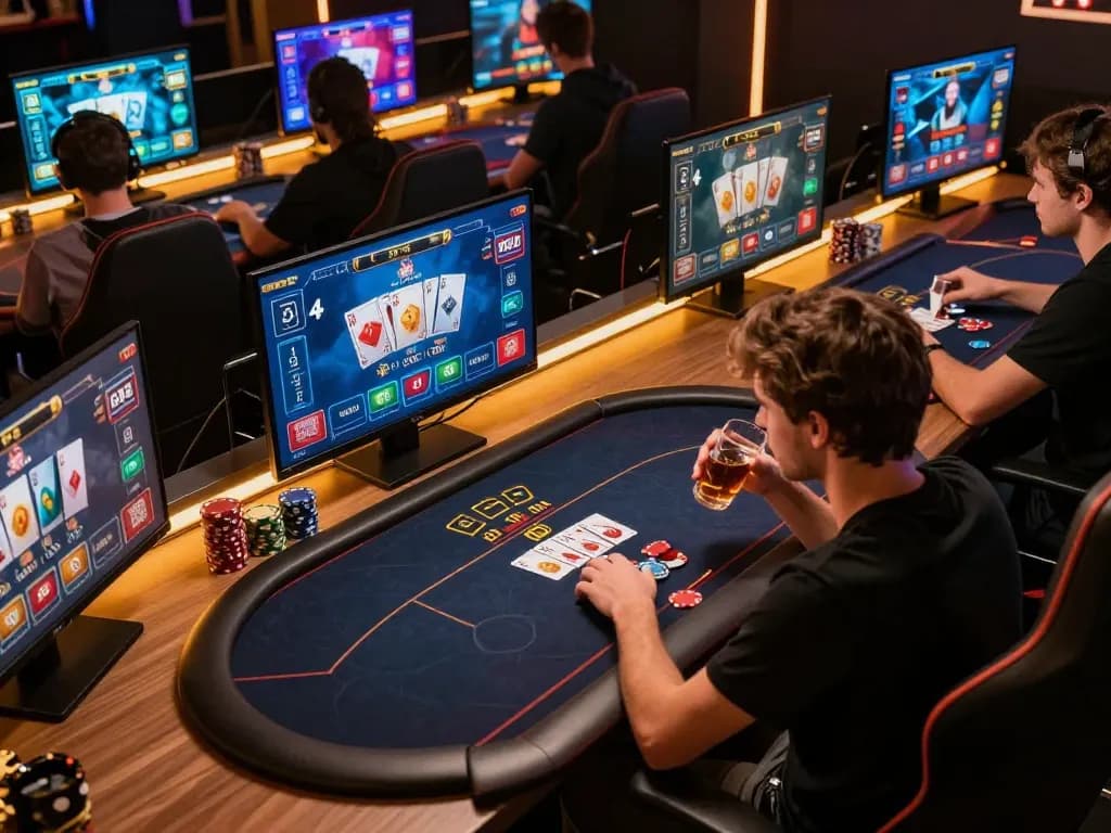 Players focusing on an online poker game at nhà cái uy tín Qh88, showcasing vibrant card graphics and a modern gaming setup.
