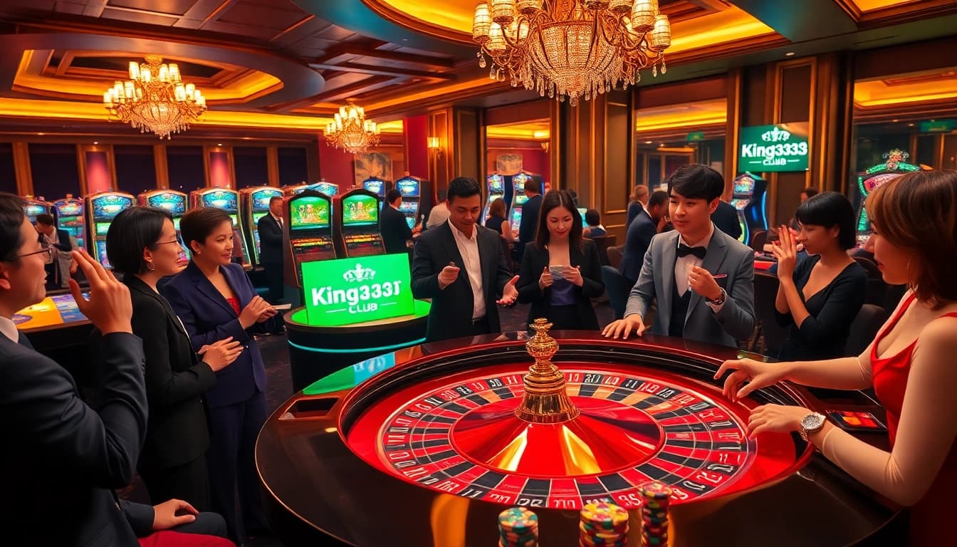 Players revel in a high-energy casino atmosphere at king333.club, engaging in thrilling roulette and card games.