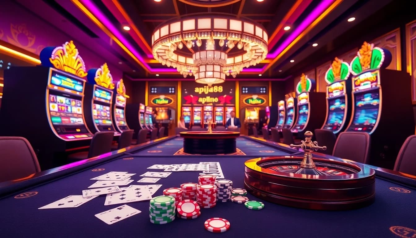 Engaging with the thrilling online casino experience at apiraja88, featuring vibrant chips and a roulette wheel.