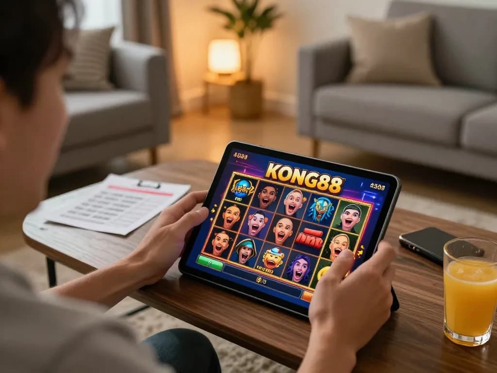 KONG88 player celebrating a win on a tablet during online gaming at home.