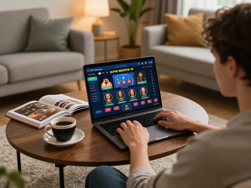 Engaged player enjoying 88x online casino games on laptop in a cozy home setting.