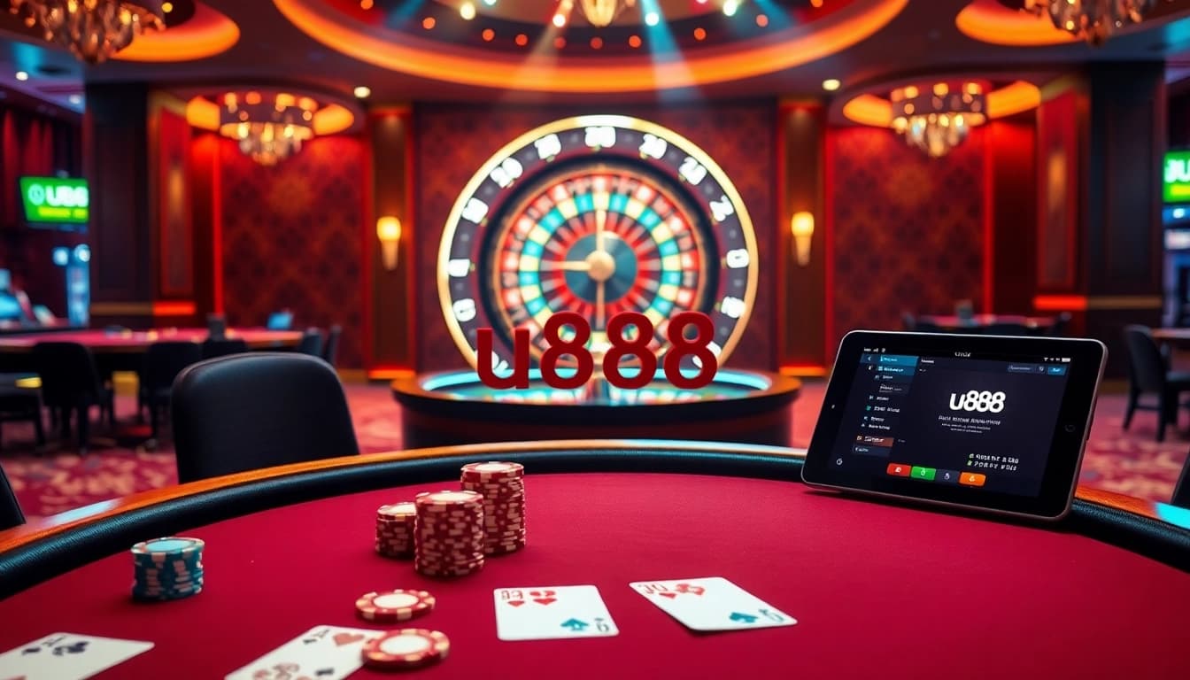 Engaging players at the u888 poker table amid vibrant casino visuals and dynamic betting interfaces.