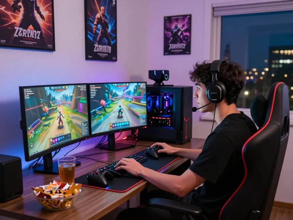Gamer enjoying Panen178 on a high-tech gaming setup with vibrant screens and cozy atmosphere.