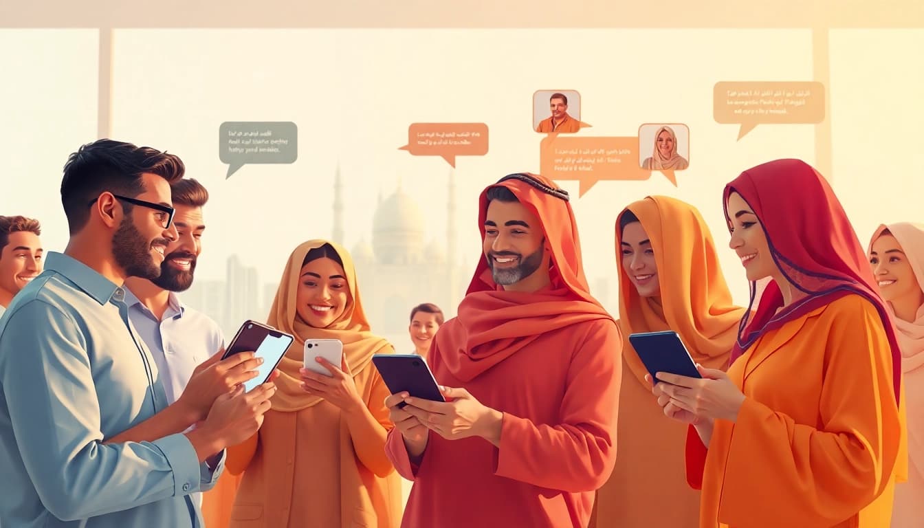 مشهد دردشة تفاعلي في شات الرياض مع مستخدمين متنوعين يتواصلون عبر أجهزة محمولة.