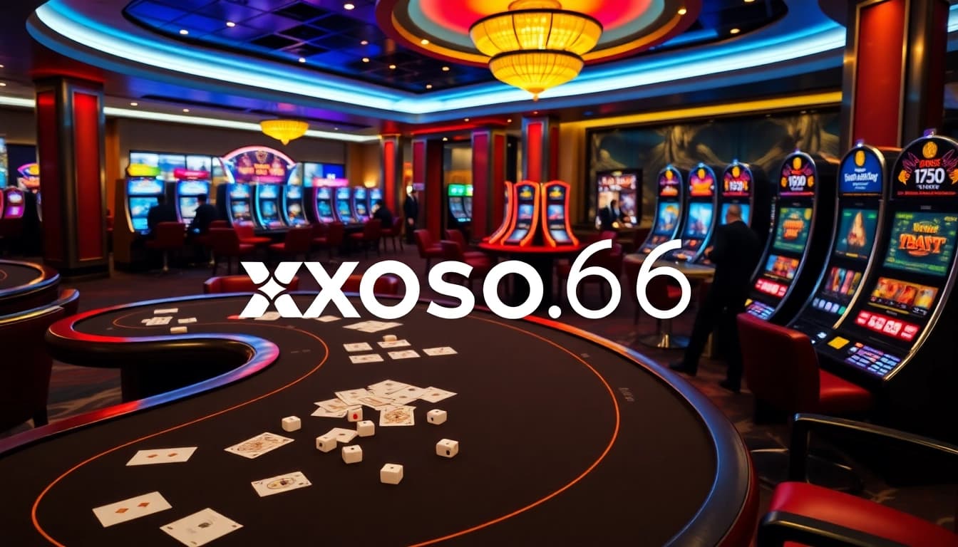 Action-packed gaming environment featuring xoso66’s online gambling experience with tables and slot machines.