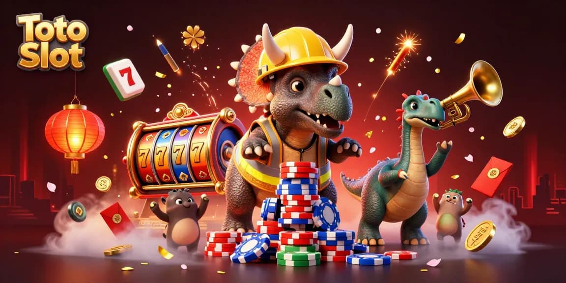 Experience the excitement of Toto Slot with a joyful triceratops and festive casino elements.