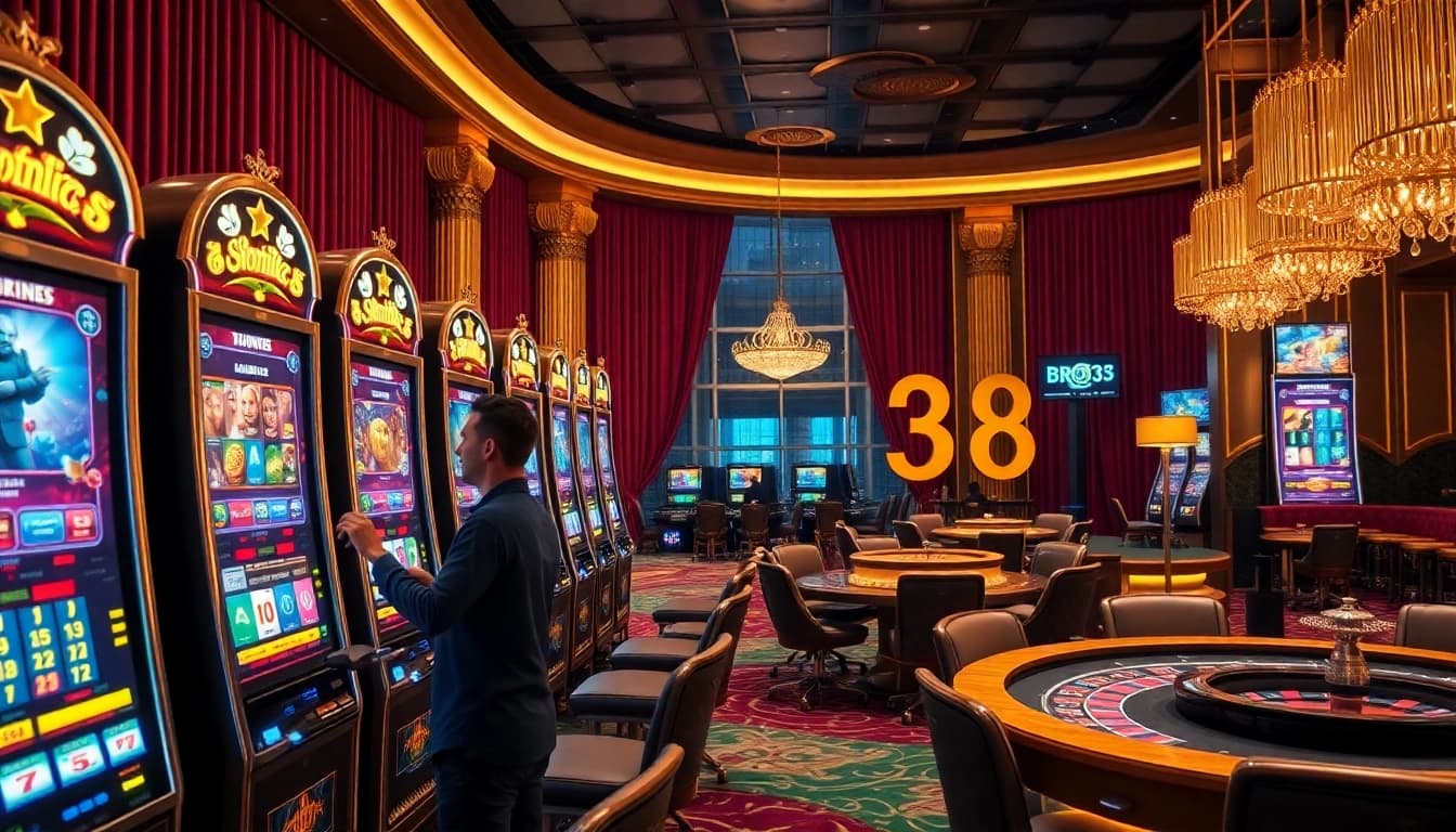 Experience the thrill of winning at bro138's premium slot machines in a vibrant casino environment.