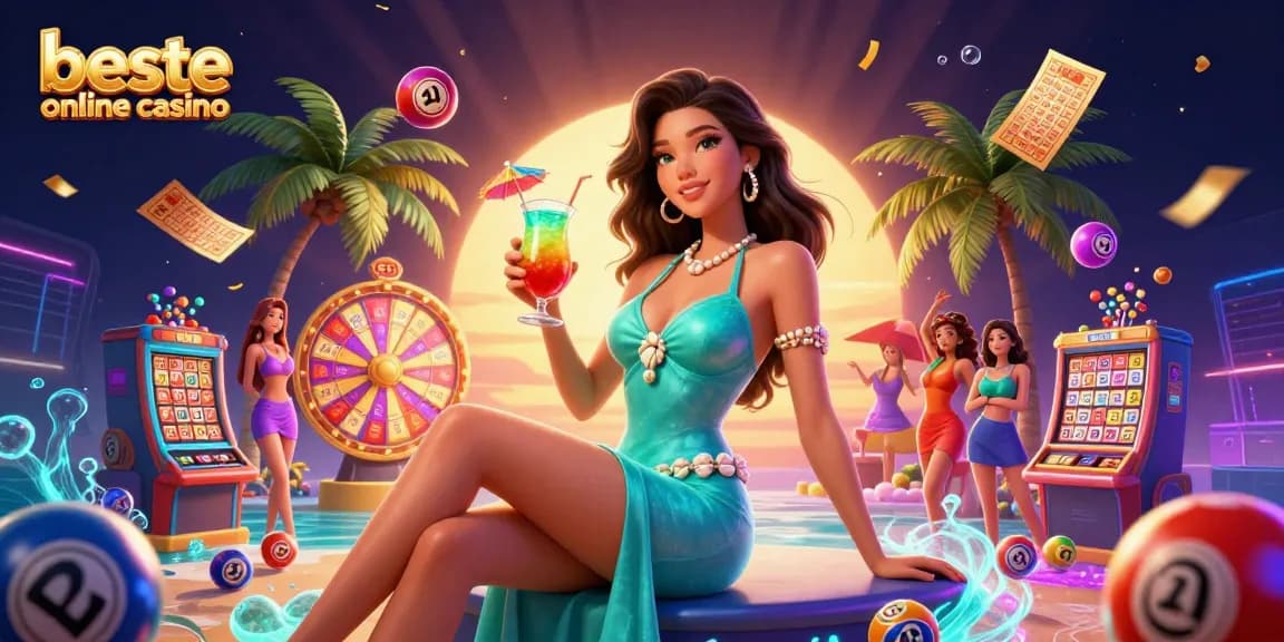 Play games at beste online casino with vibrant scenes, cocktails, and exciting lottery elements.