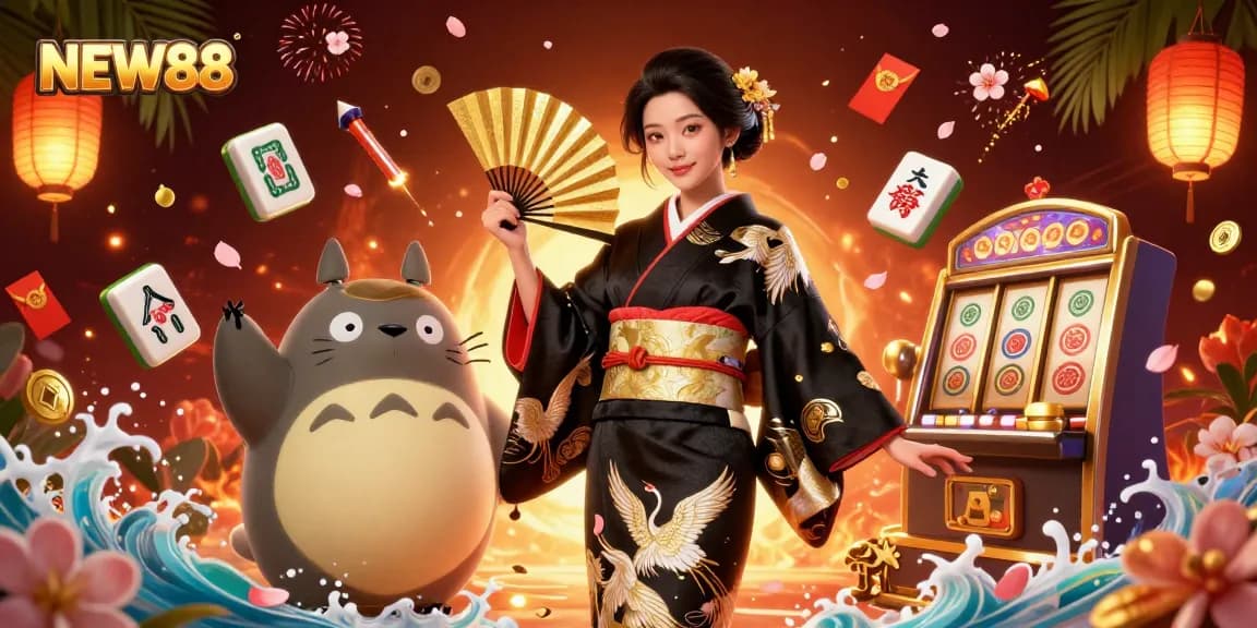 Engage with NEW88's thrilling gaming scene, featuring vibrant elements and characters celebrating wins.