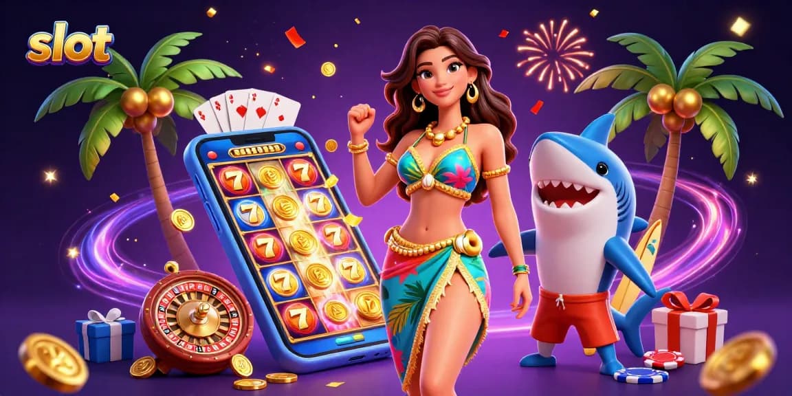 Spin the slot reels with vibrant energy featuring a glamorous woman and a surfer shark.