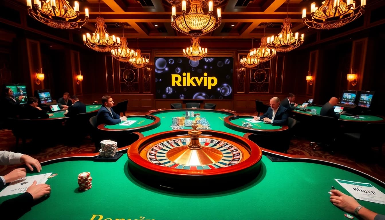 Rikvip players enjoy an exciting casino atmosphere with poker, roulette, and vibrant gaming.