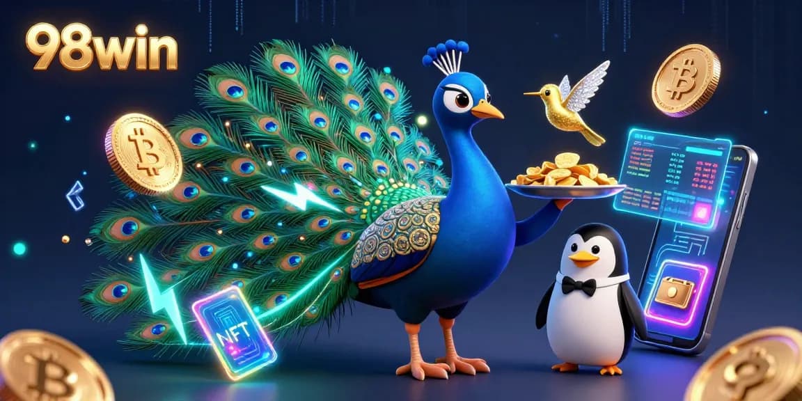 Experience thrilling gameplay with 98win's vibrant 3D illustration featuring casino elements and crypto.