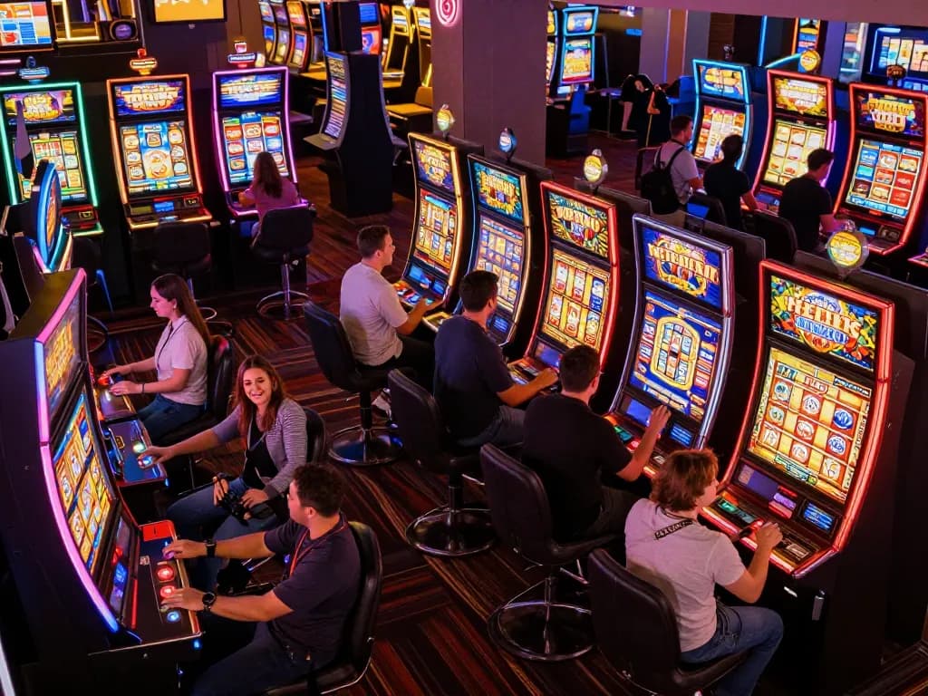 Experience the excitement of slot16 gacor with players engaging at colorful slot machines.