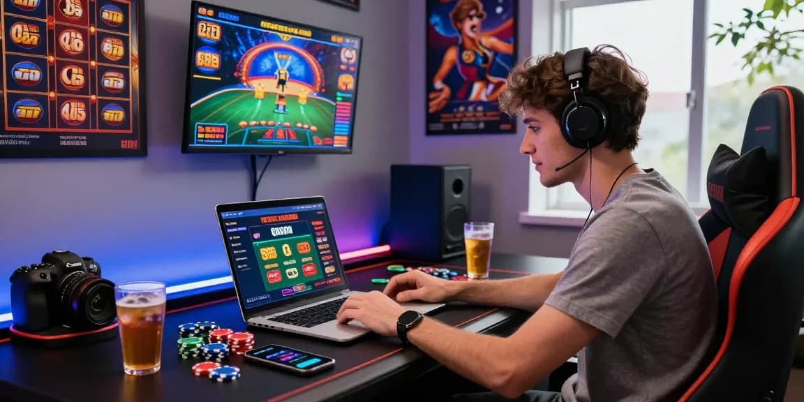 Engaging online gaming scene at a credit card casino from https://dea.org.uk, featuring a young adult immersed in virtual gaming.