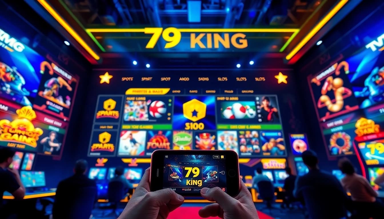 Fesselnde digitale Gaming-Landschaft, die das aufregende Sportwetten-Erlebnis von 79king mit lebendigen visuellen Darstellungen und hohen Quoten zeigt.