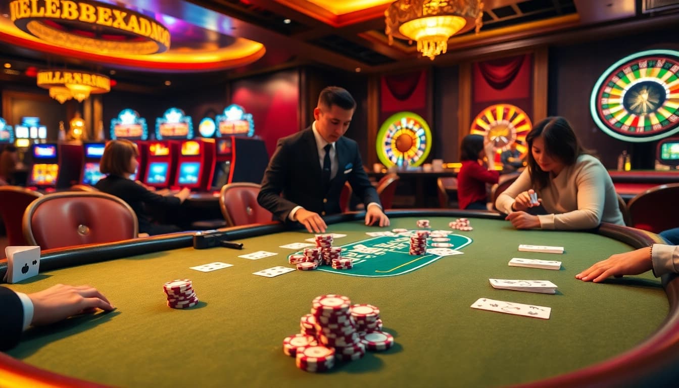 W88 poker players strategizing at a glamorous casino table with chips and cards.