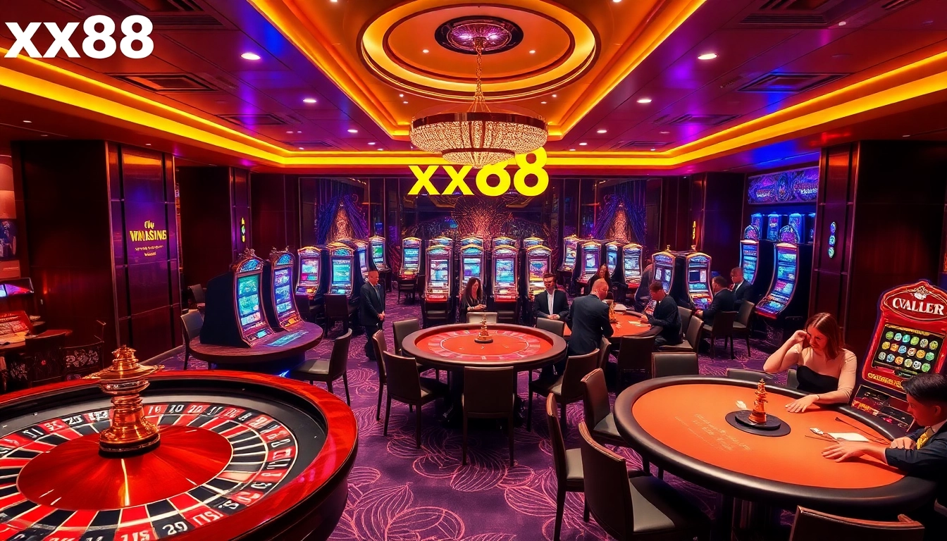 Experience the thrill of xx88 in a luxurious casino with vibrant games, roulette, and poker tables.