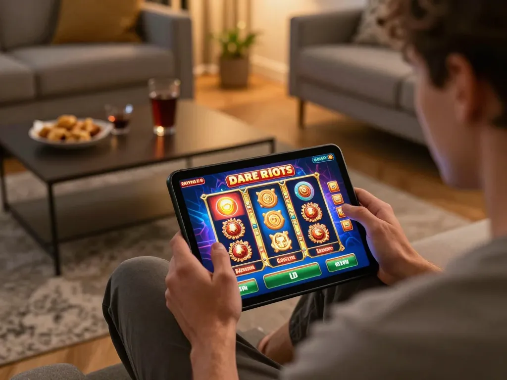 Player enjoying online slots on a tablet; KP 88 gaming experience in a cozy setting