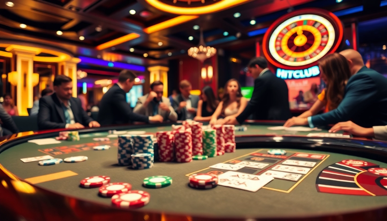 Engage with “hitclub” at an exciting casino table filled with vibrant poker chips and cards.