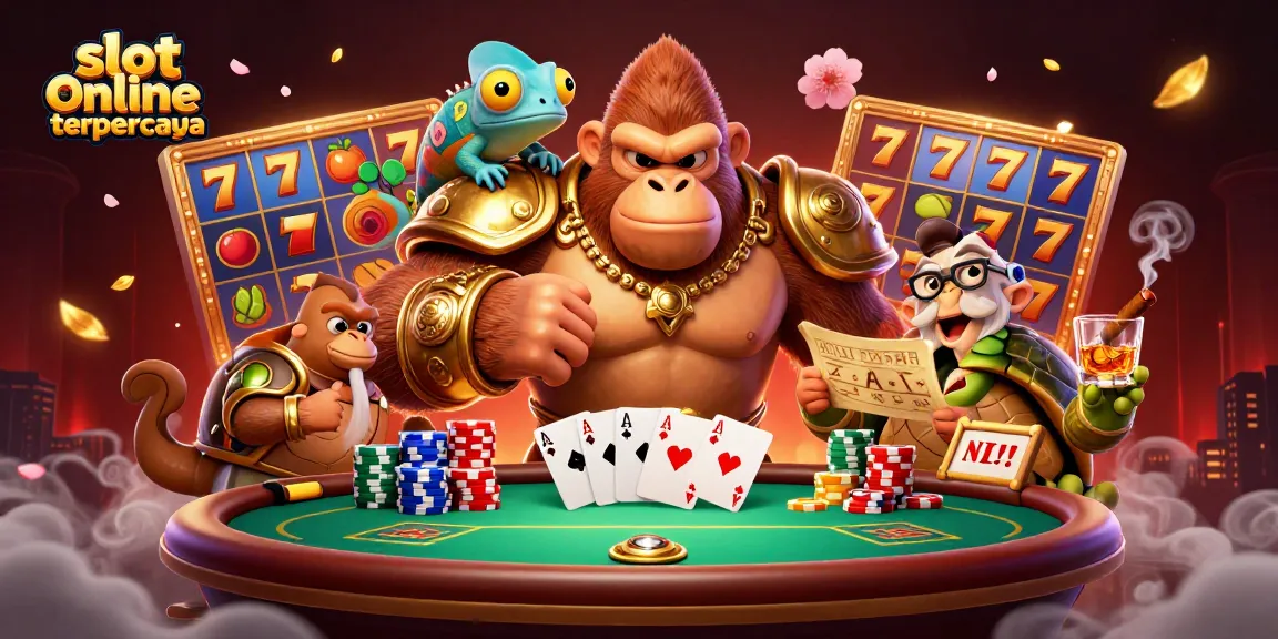 Engage with slot online terpercaya featuring a dynamic scene of colorful slot reels and a powerful gorilla king.