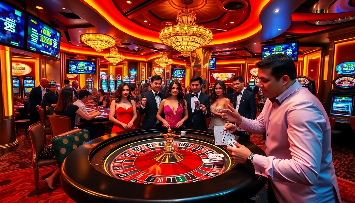 Exciting gameplay and luxury ambiance at B52club casino, featuring poker tables and slot machines.