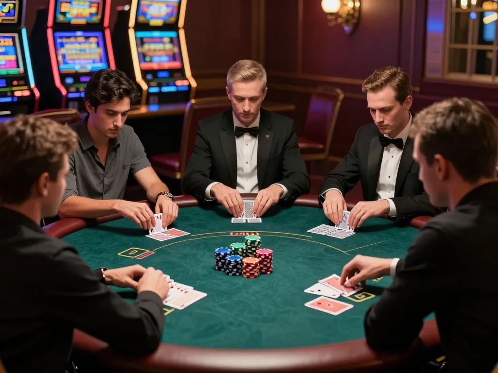 Players engaging in a high-stakes poker game at vaobet casino table, colorful chips stacked strategically.