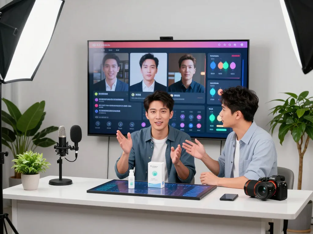 Live commerce presentation with rusuntogel integration showcasing real-time analytics and engaging host in a vibrant studio.