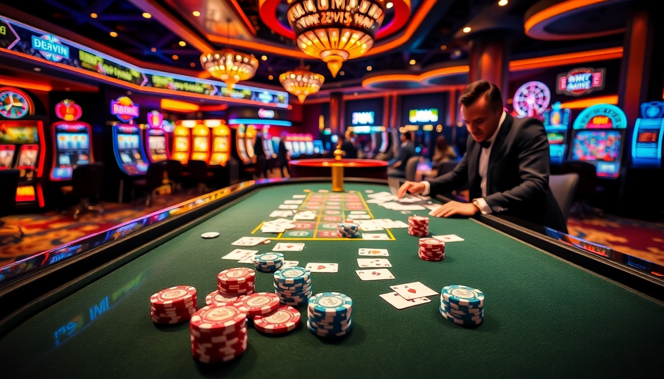 Gamblers enjoying a vibrant 98Win casino experience with poker chips and colorful slot machines.