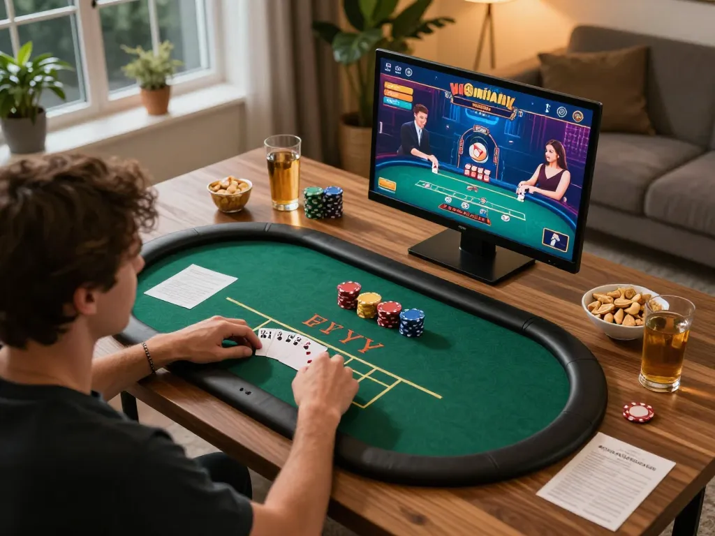 Engaged player immersed in a 789club chính thức online poker game at home, showcasing strategic gameplay.