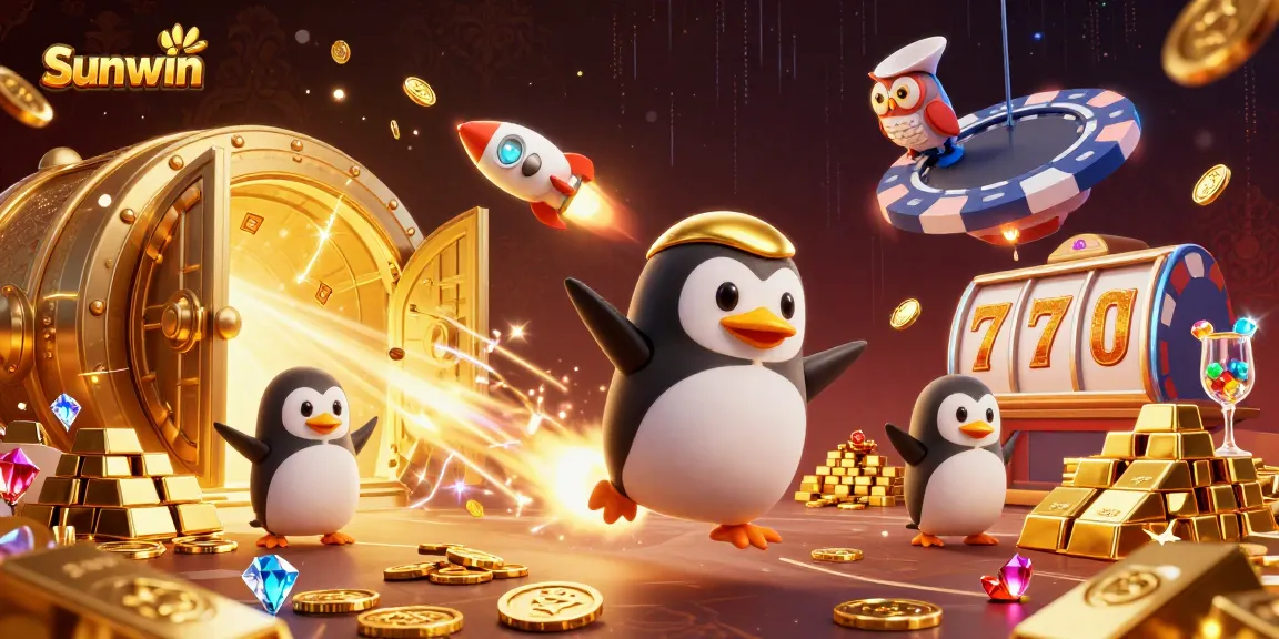 Experience thrilling gameplay with Sunwin, featuring a golden penguin and glittering casino elements.