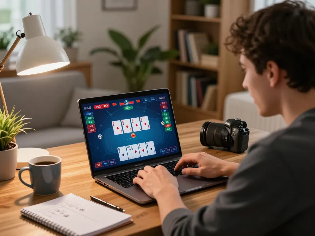 Player enjoying vipwin online poker session at home with strategy notes visible