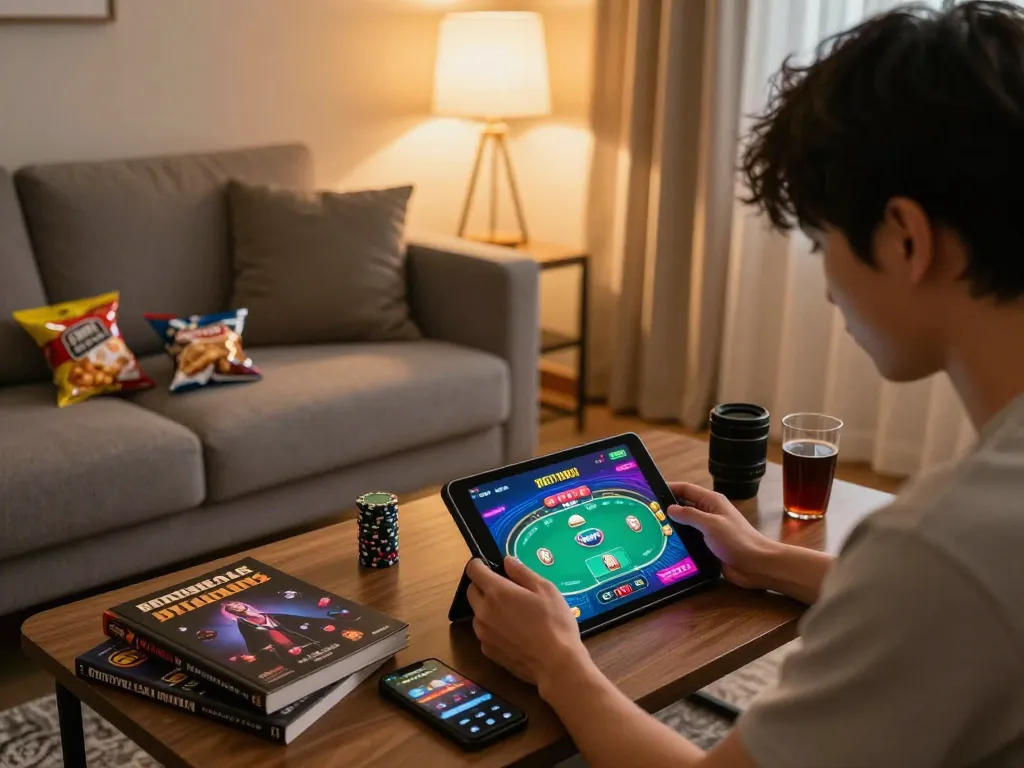 Player enjoying online gambling at home with TR88 gaming app on tablet, warm cozy setting