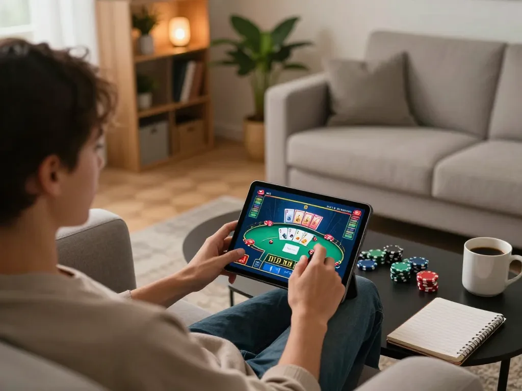 Engaging in strategic online poker gameplay with dh88 on a tablet at home for a comfortable experience.