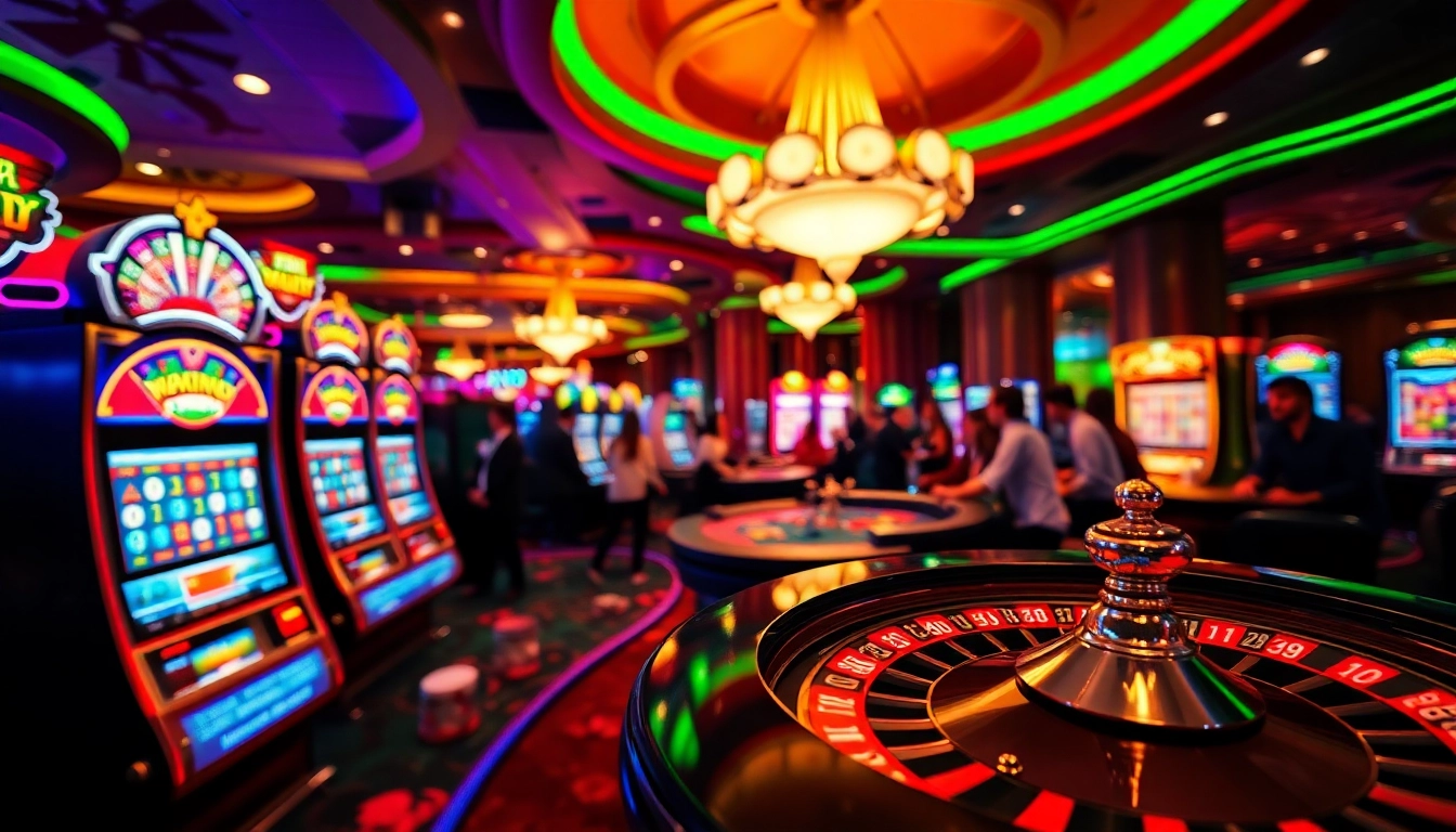 Erleben Sie die aufregende Atmosphäre bei casino spiele.de mit lebhaften Spieltischen und bunten Lichtern.