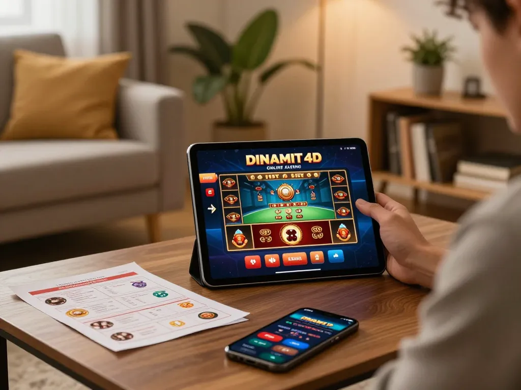 Engaging with dinamit4d online casino on a tablet in a cozy home setting, combining strategy and relaxation.