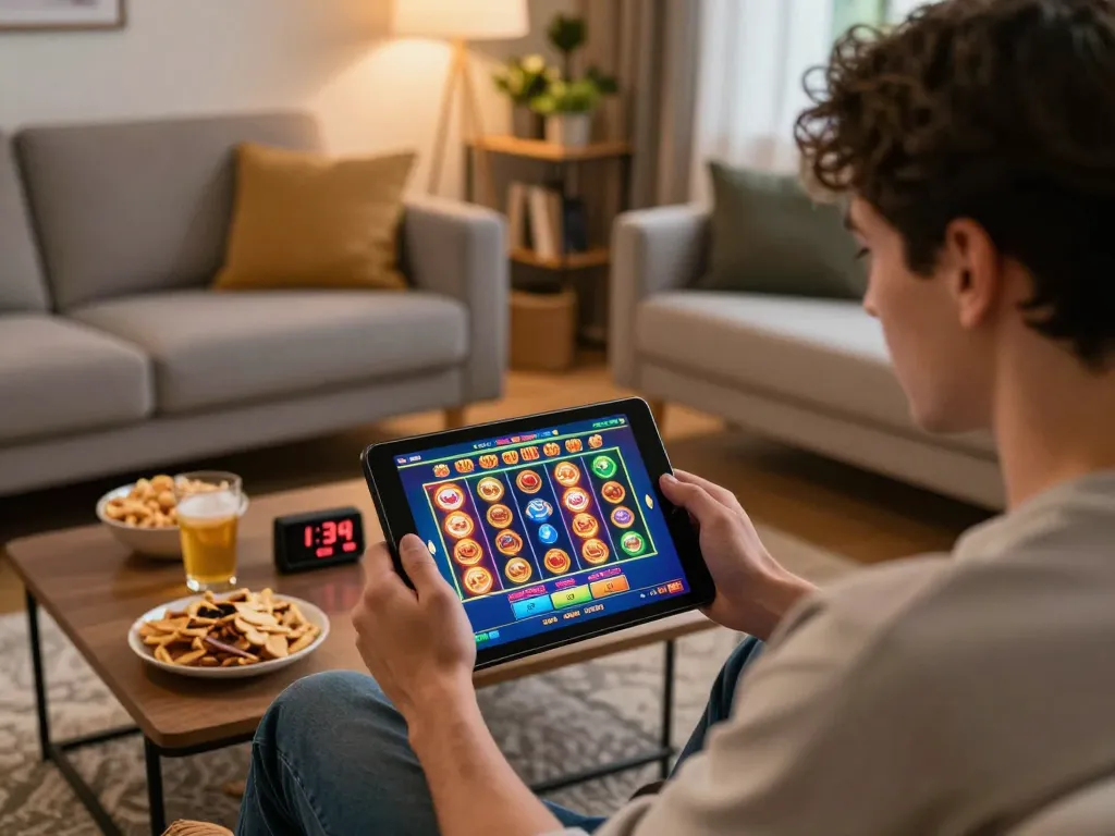 Seorang pemain menikmati permainan slot online di tablet di ruang tamu yang nyaman, menyoroti permainan yang dinamis.