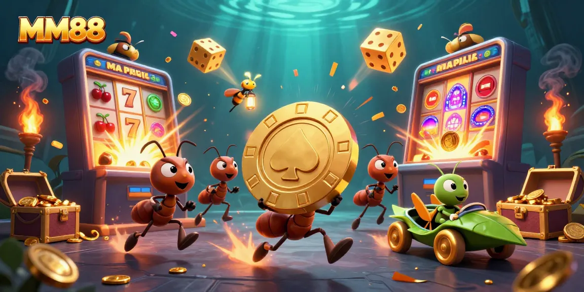 Experience the thrill of MM88 as animated ants heist a giant poker chip in this vibrant casino scene.