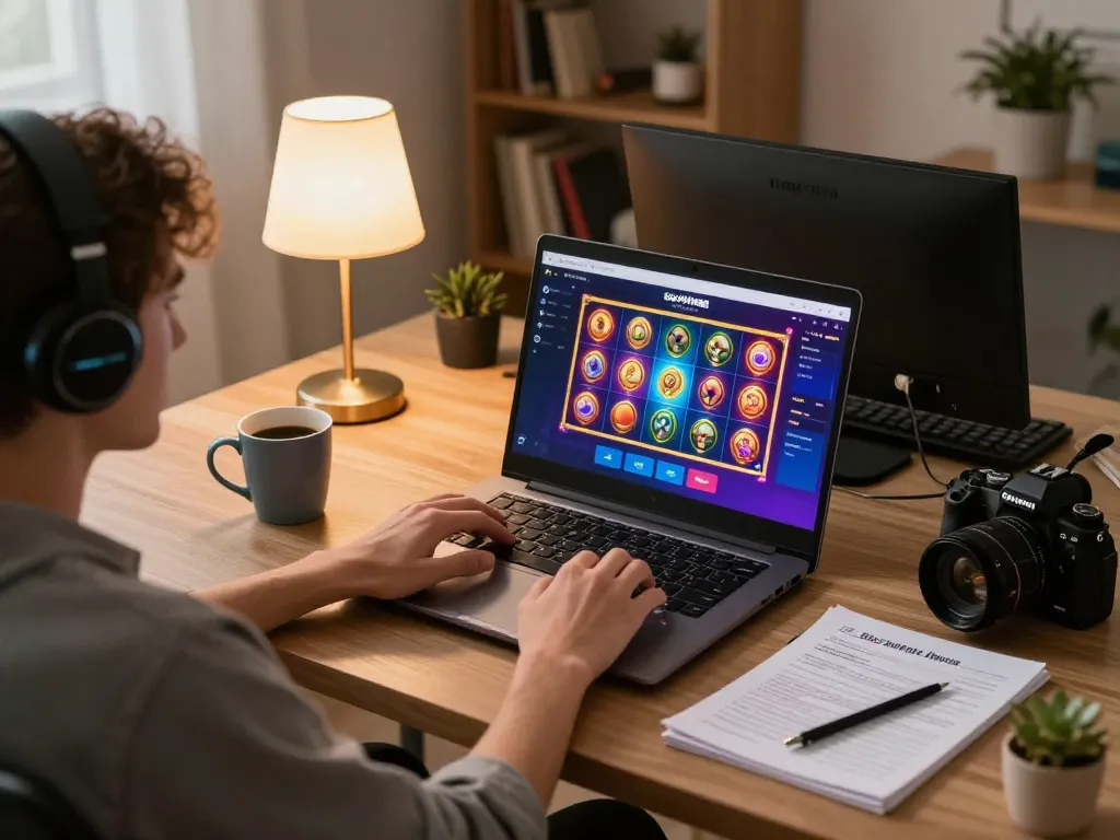 Pengaturan permainan online GOLDWIN88 yang menampilkan seorang pemain yang aktif terlibat dengan permainan slot di laptop.