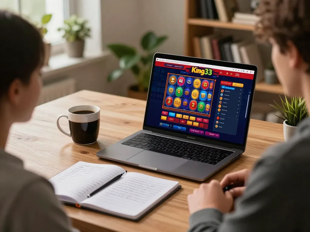 Engaged player using King33 online casino on laptop, showcasing intelligent gameplay strategy in a cozy home setting.