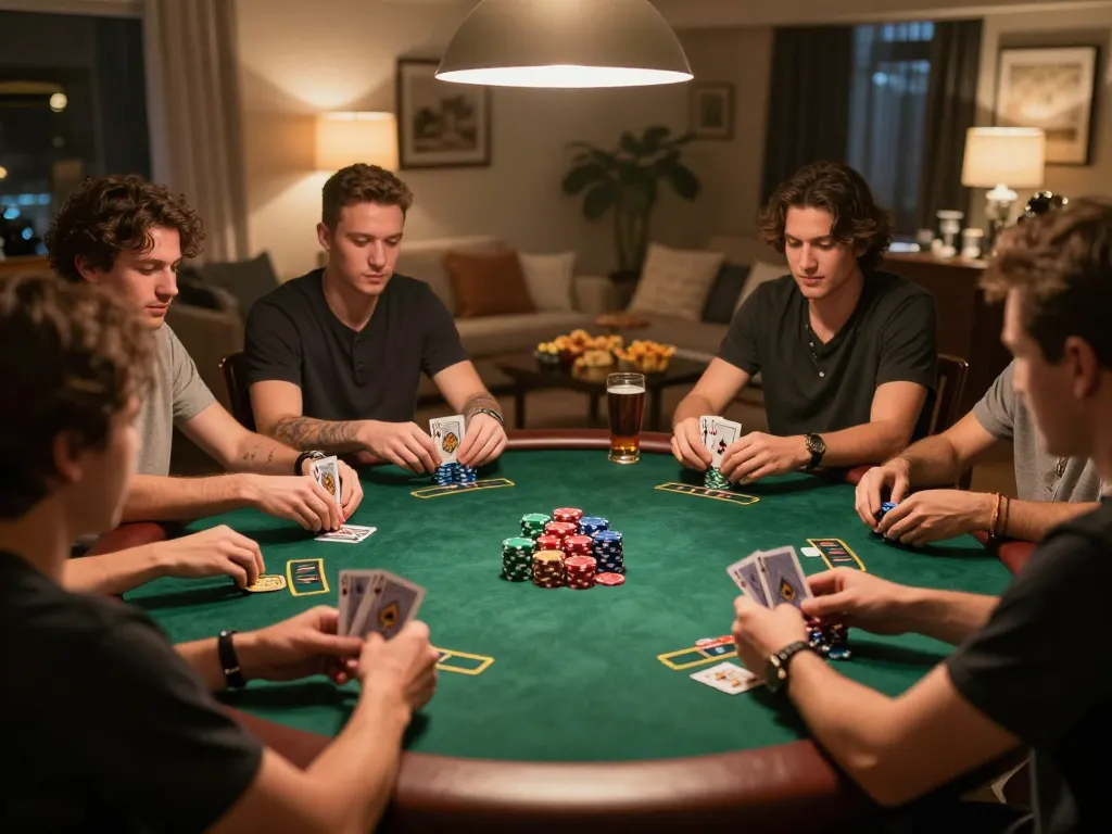 Engaged players at a home poker night showcasing strategic gameplay within the context of tle-online gambling.