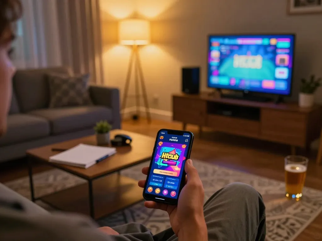 Engaging with hitclub mobile casino app while relaxing at home, showcasing responsible gaming