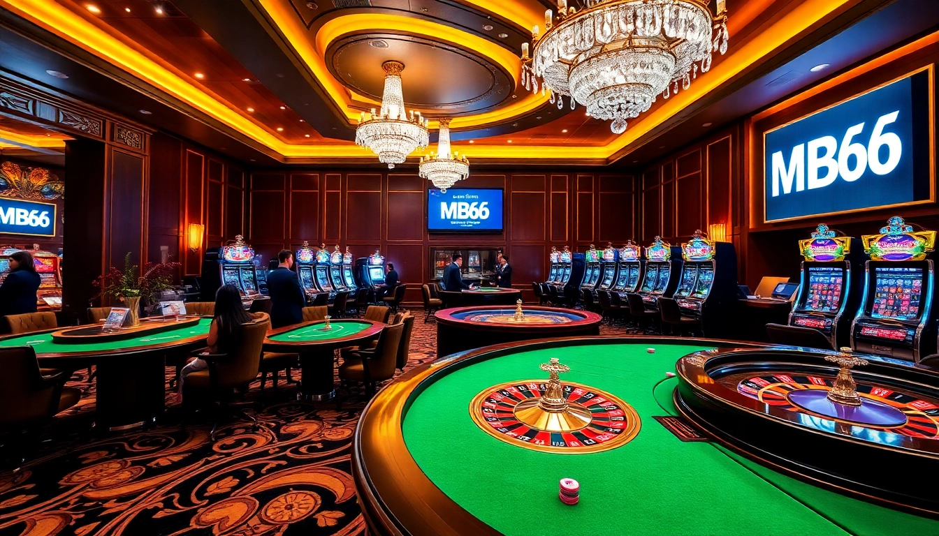 MB66 gaming atmosphere with casino tables, poker chips, and vibrant roulette wheels.