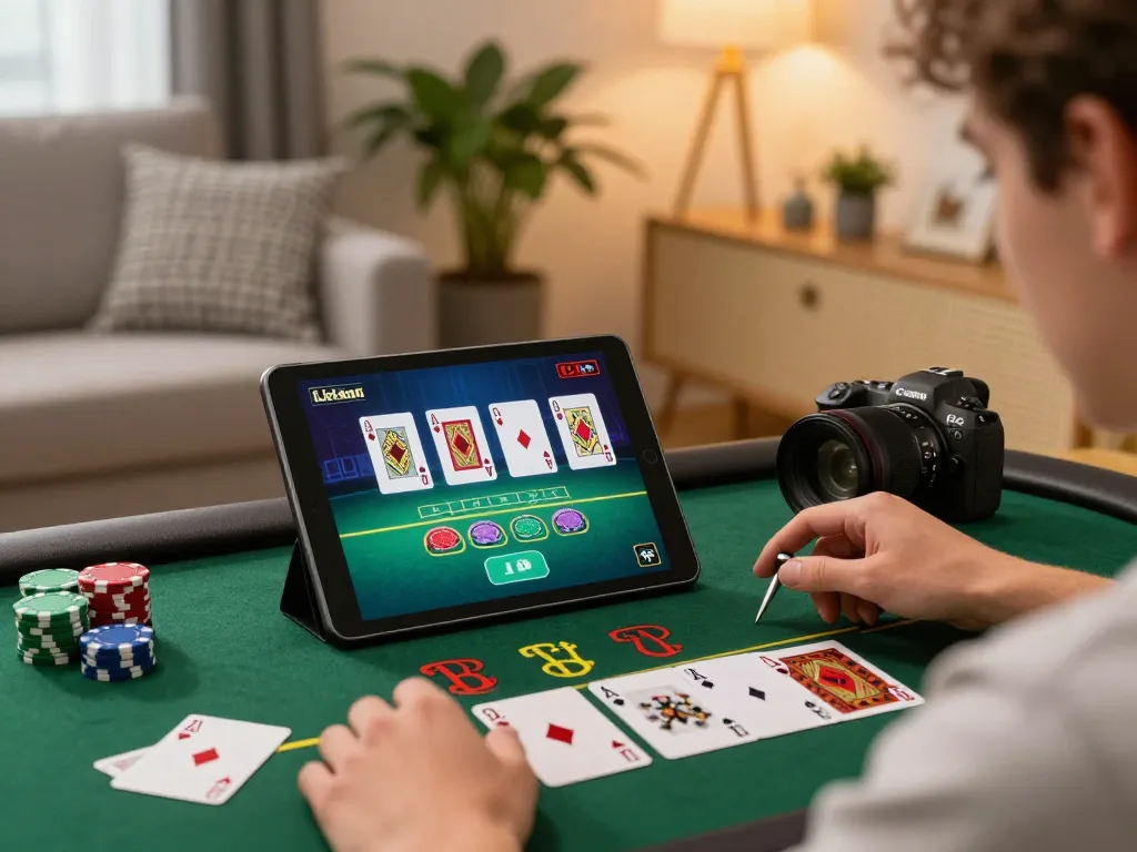 Playing live Blackjack online on BL555 tablet in a cozy home setting.