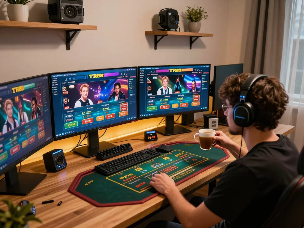Engaged player enjoying online TR88 gaming experience on multiple screens